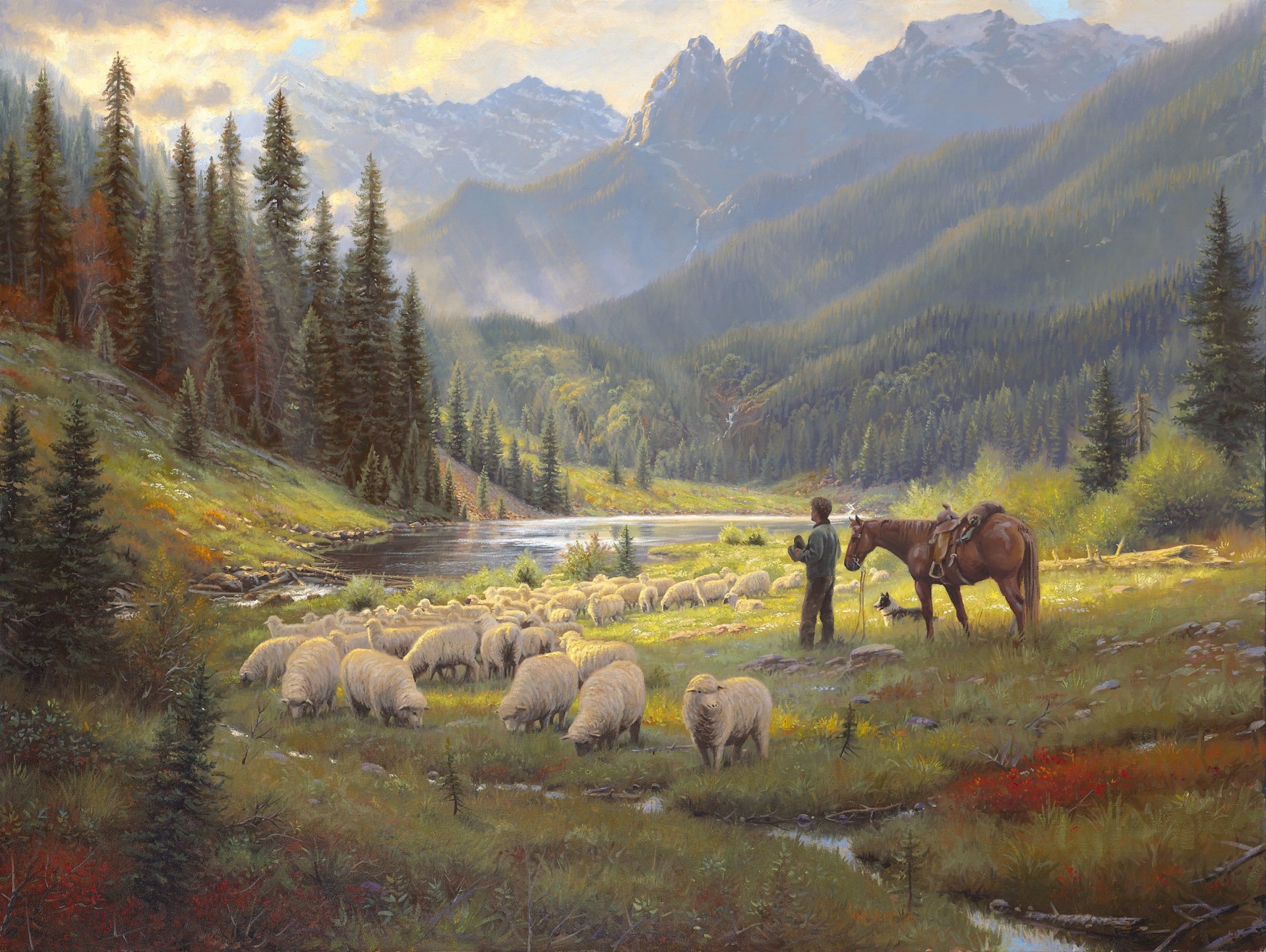 heep river dog light forest sky horse mountain shepherd