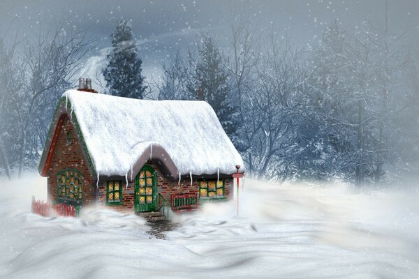 Casa di Natale invernale. Paesaggio innevato