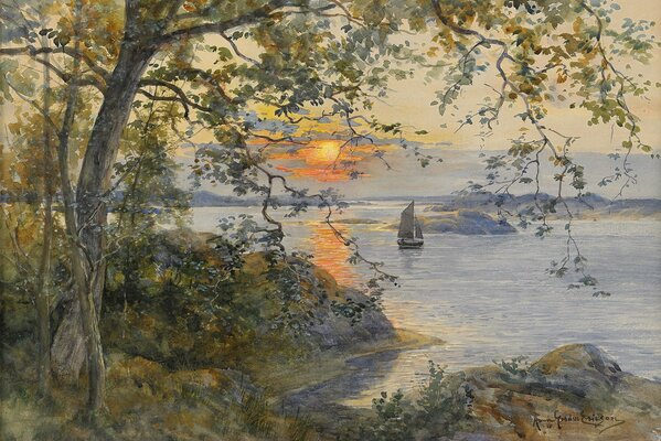 Zeichnung von Anna gardell-Erickson Segelboot bei Sonnenuntergang