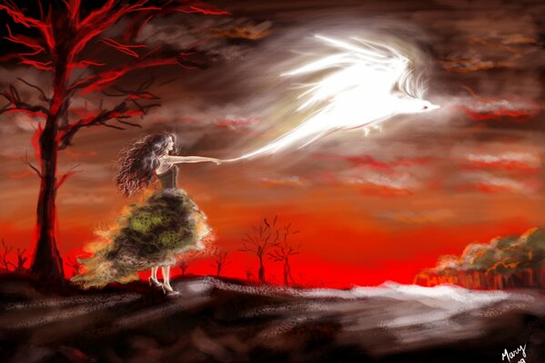 A girl with a phoenix on a red sky background