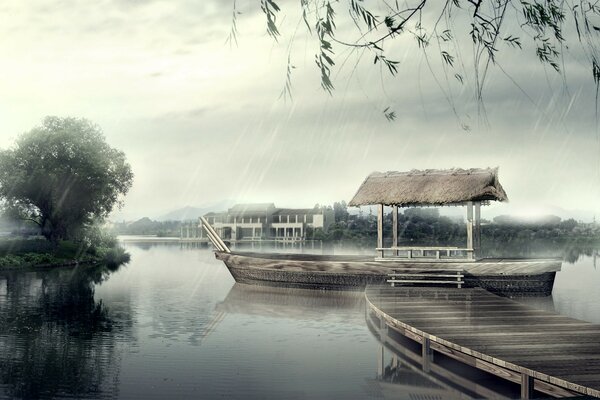 Einsamer Steg und starker Regen über dem Wasser