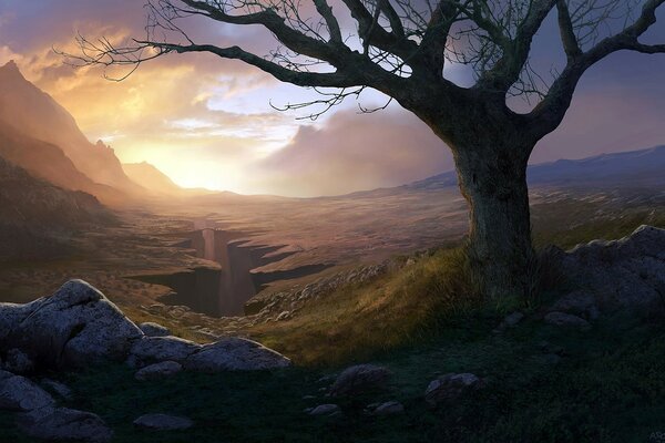 Картина горизонта с одиноким деревом