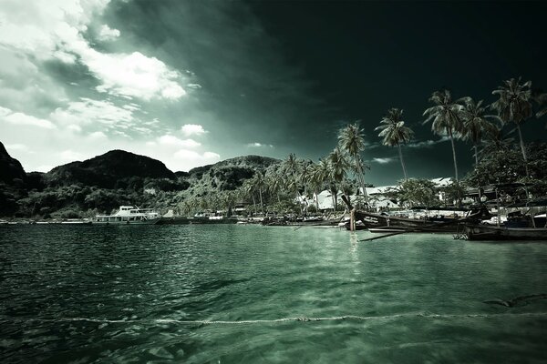 The emerald color of the sea on the beach with palm trees