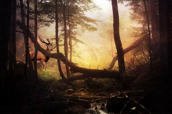 La pintura muestra árboles en el bosque y ciervos