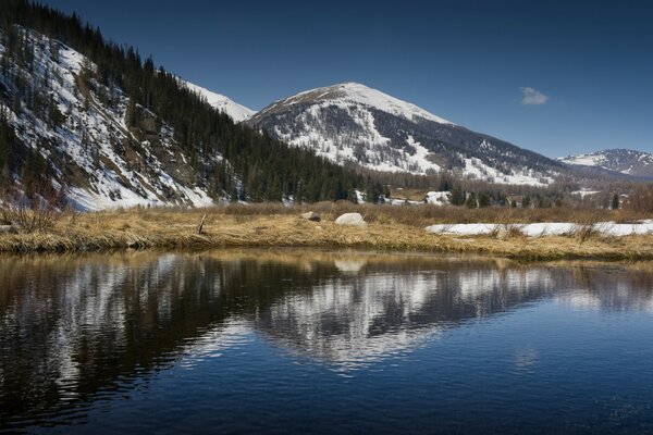 Reflection of mountains in lake water