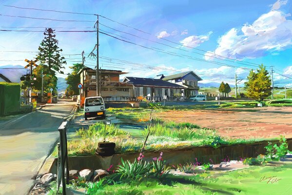 Arte anime, paisaje de la provincia japonesa