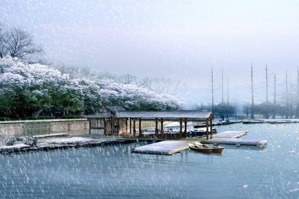 Quai de la rivière en hiver