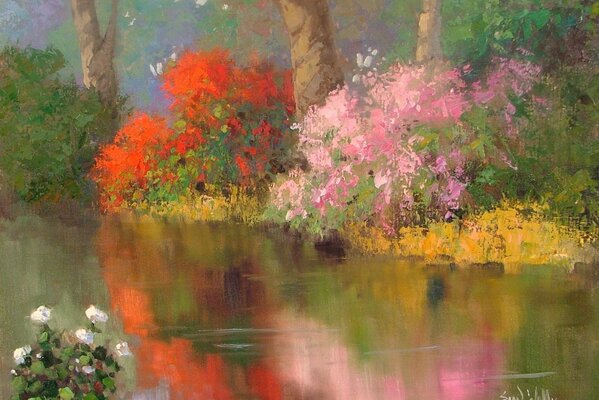 Painting the river bank is drowned in flowers 