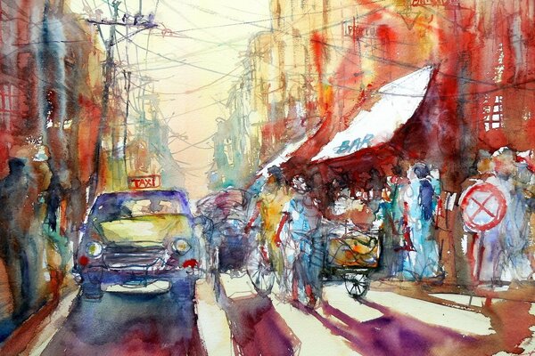 Watercolor painting. Taxi in the city