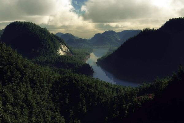 Forest and river in bad weather