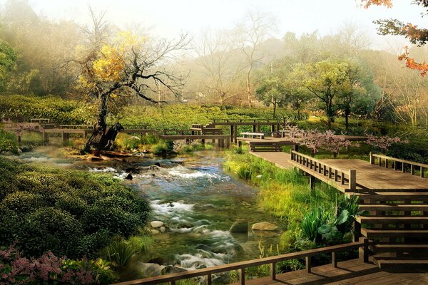 There are many bridges across the river. autumn landscape