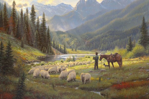 Un pastor con un caballo y un perro protege un rebaño de ovejas en las montañas