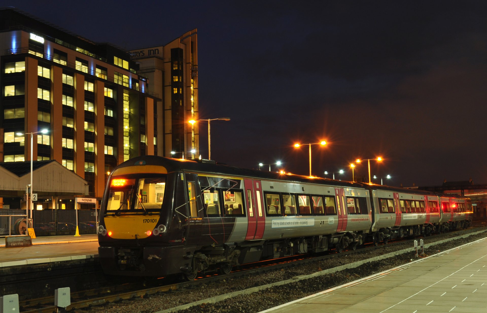 night lights railroad station passenger train the platform