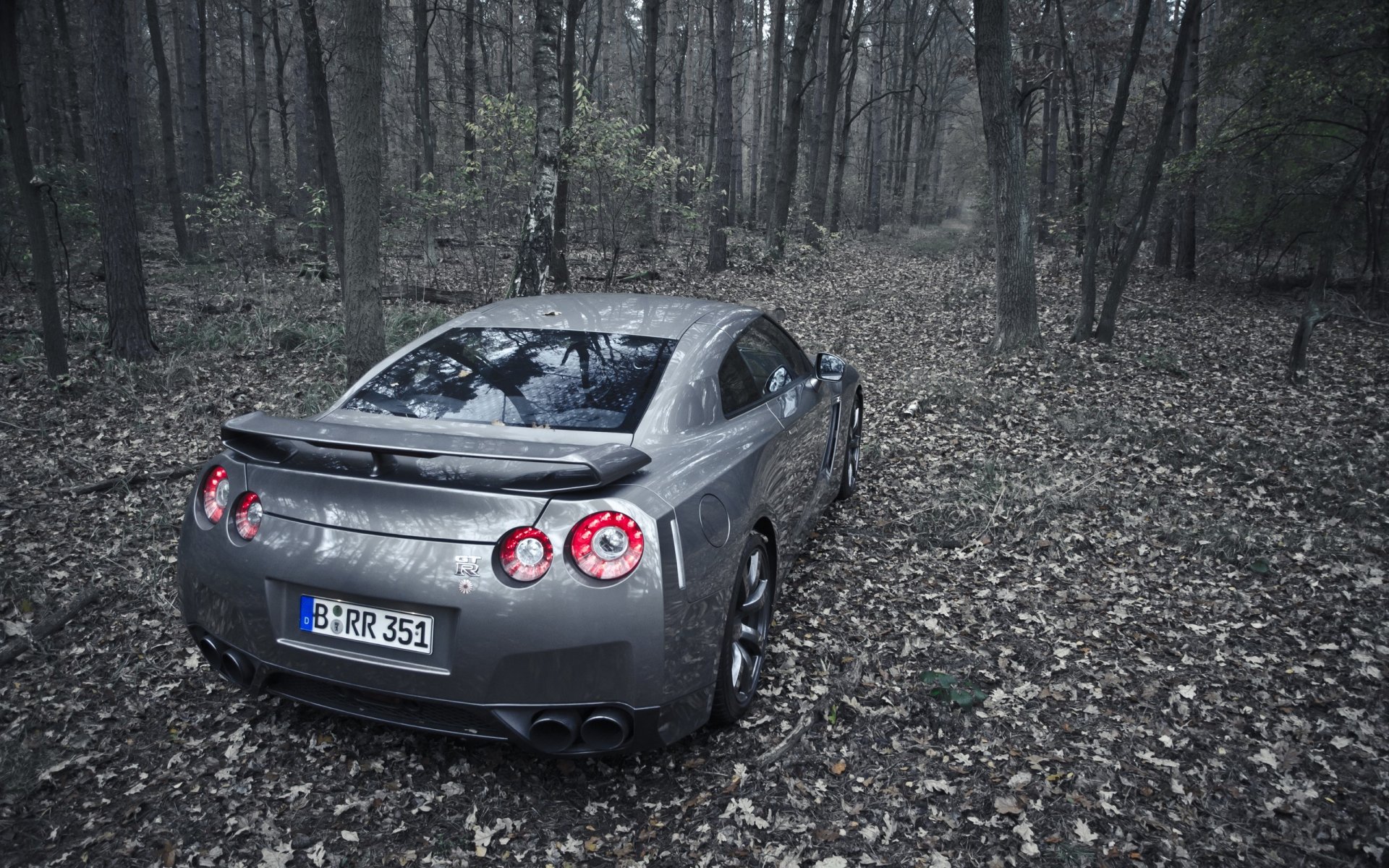 nissan gt-r grigio fogliame autunno alberi