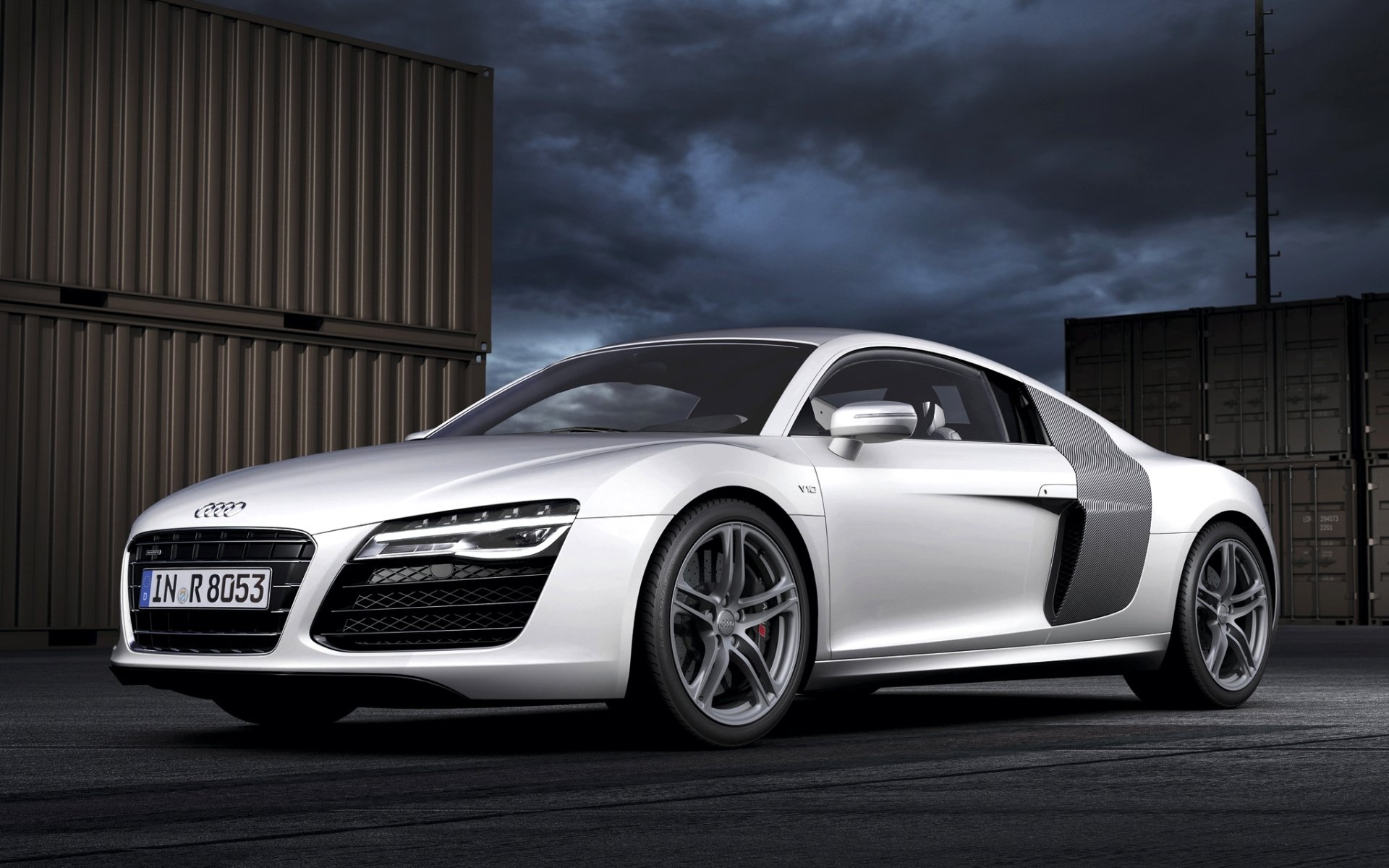 audi r8 v10 audi p8 b10 supercar silver front night containers sky background