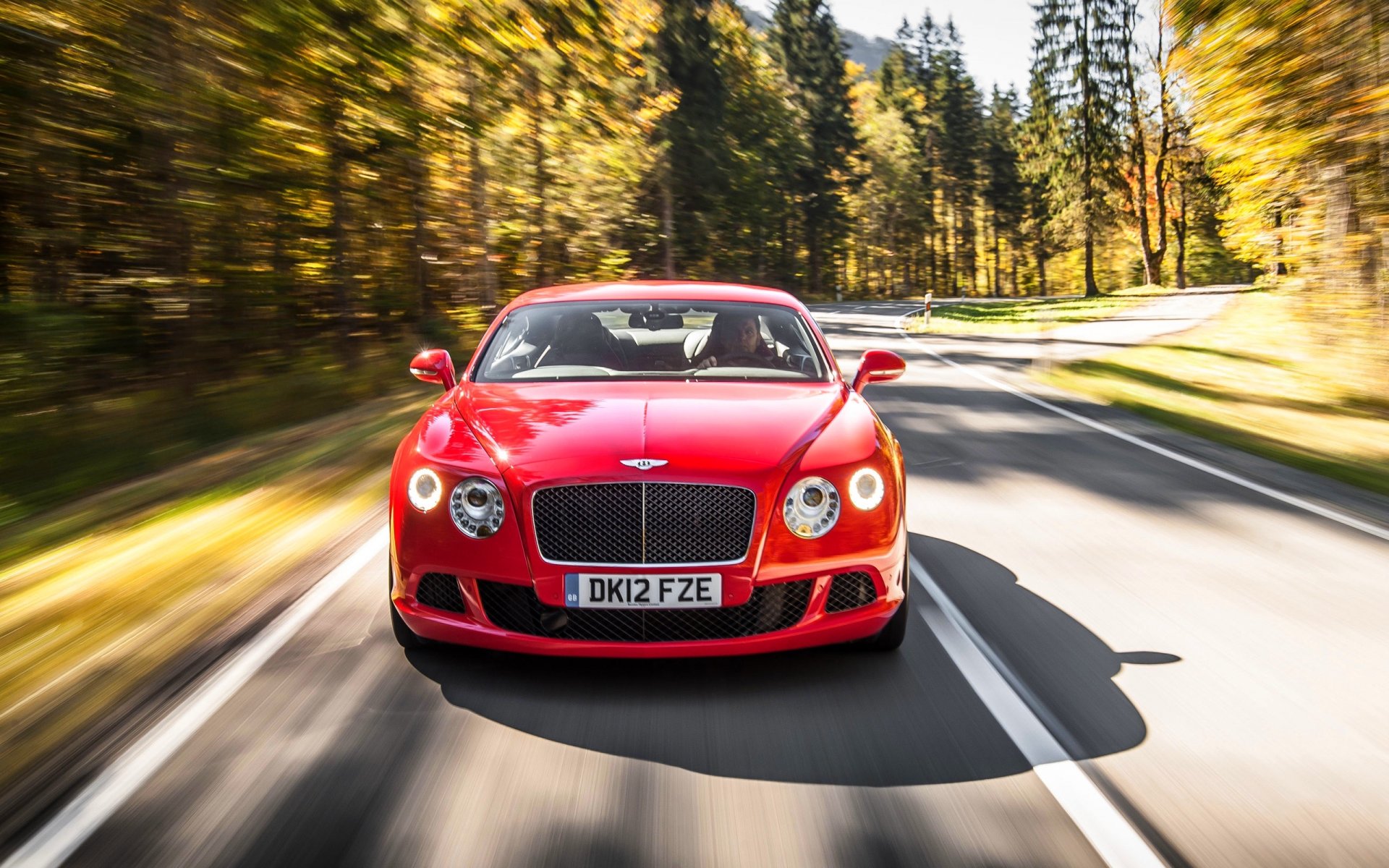 bentley continental gt czerwony czerwony samochód przód kratka reflektory las asfalt