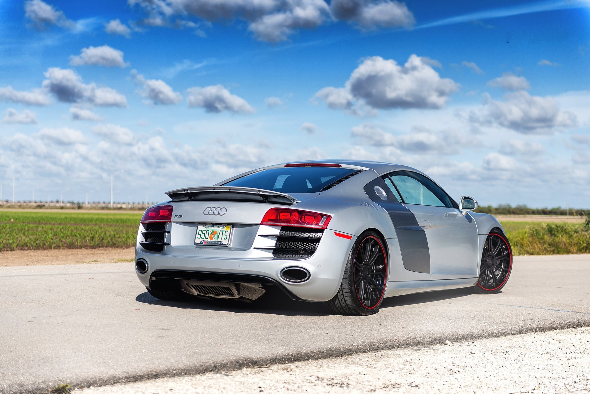 audi r8 silver audi p8 silver rear road sky cloud