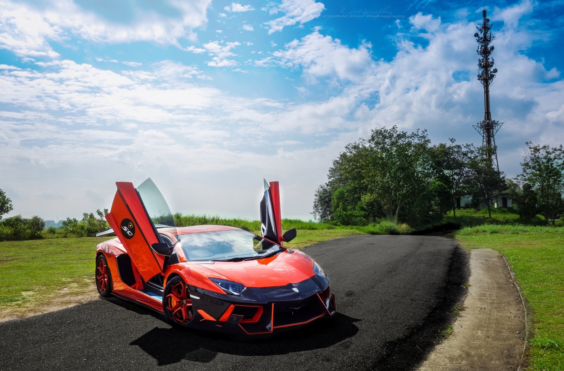 lamborghini dmc aventador lp900sv оранжевый ламборгини авентадор вид спереди дорога газон деревья небо облака