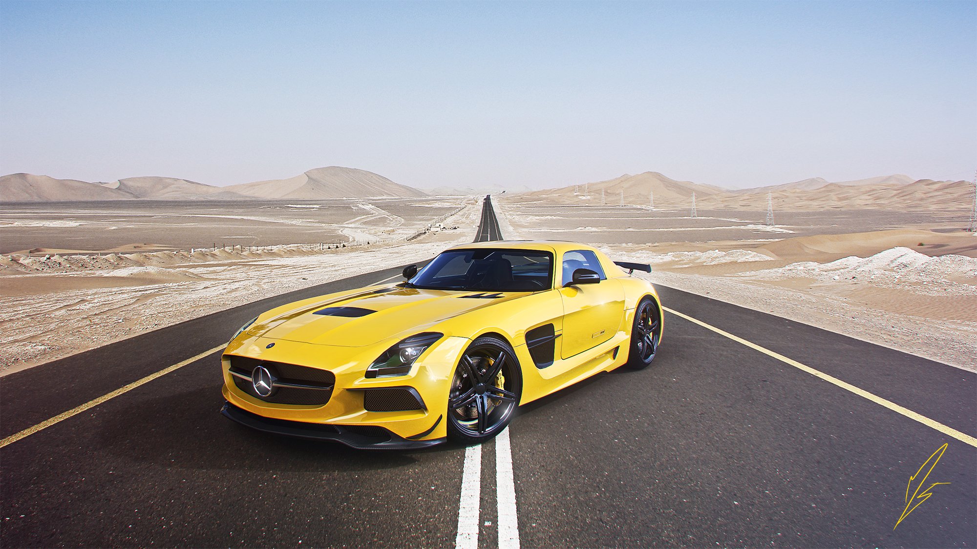 mercedes-benz amg sls edición negra superdeportivo amarillo carretera desierto cielo