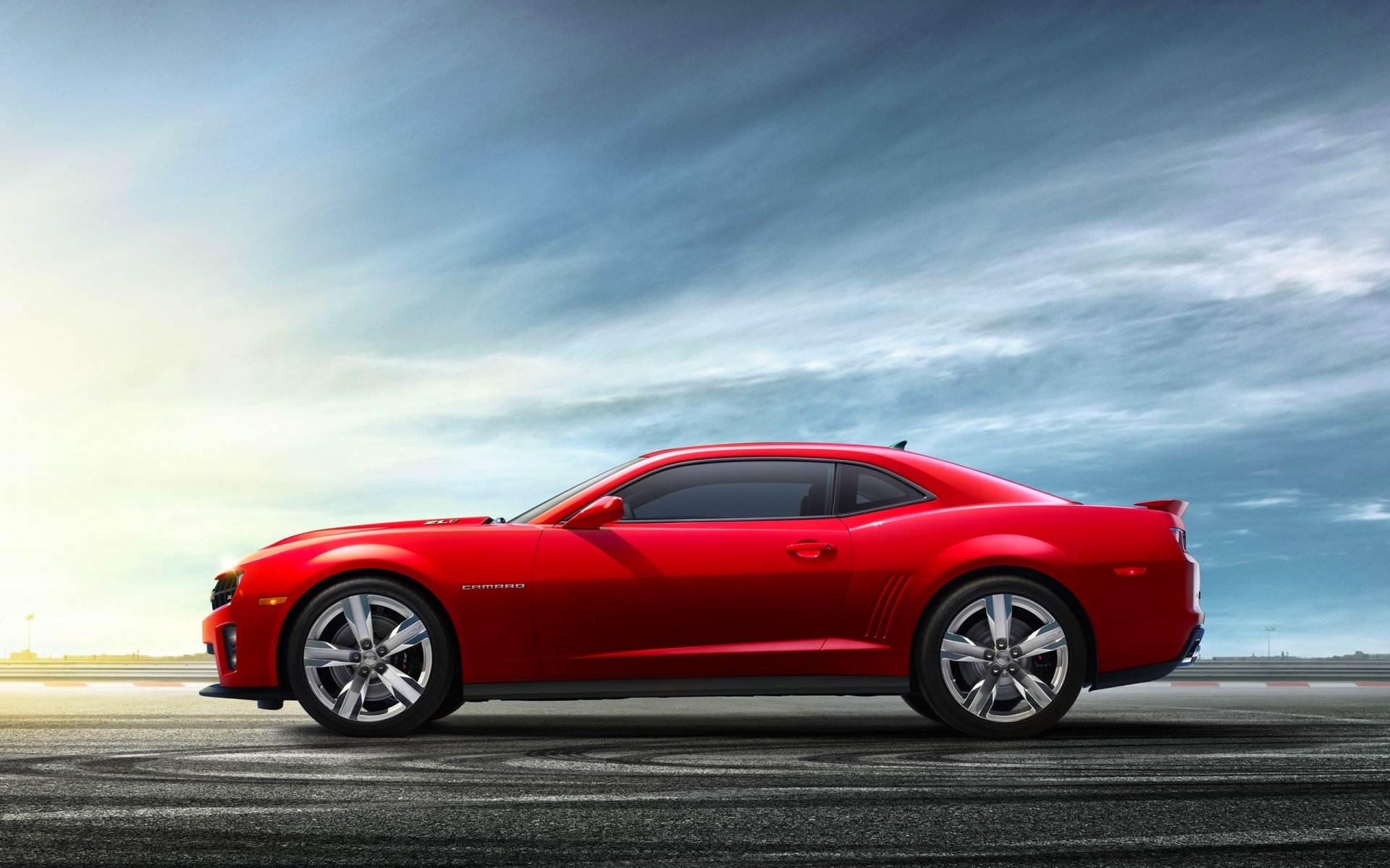 chevrolet camaro side view red sky chevrolet wheels asphalt coupe