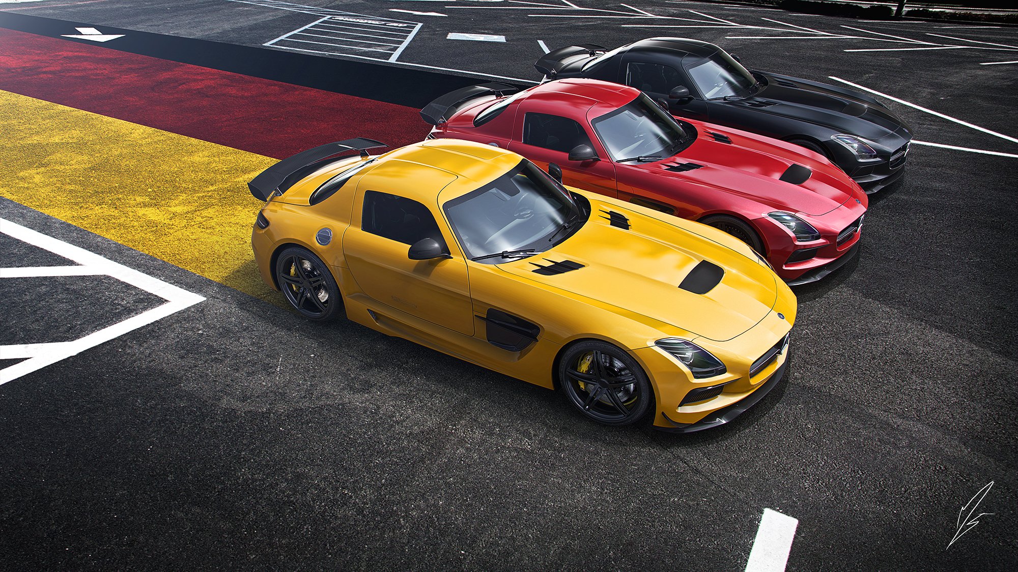 mercedes-benz sls amg black edition superdeportivo amarillo rojo negro alemán bandera gran formato asfalto