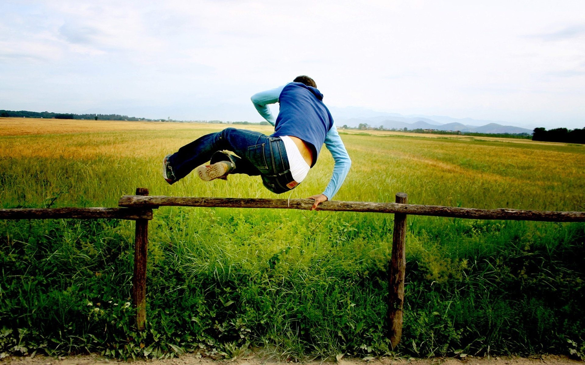 clôture champ homme herbe