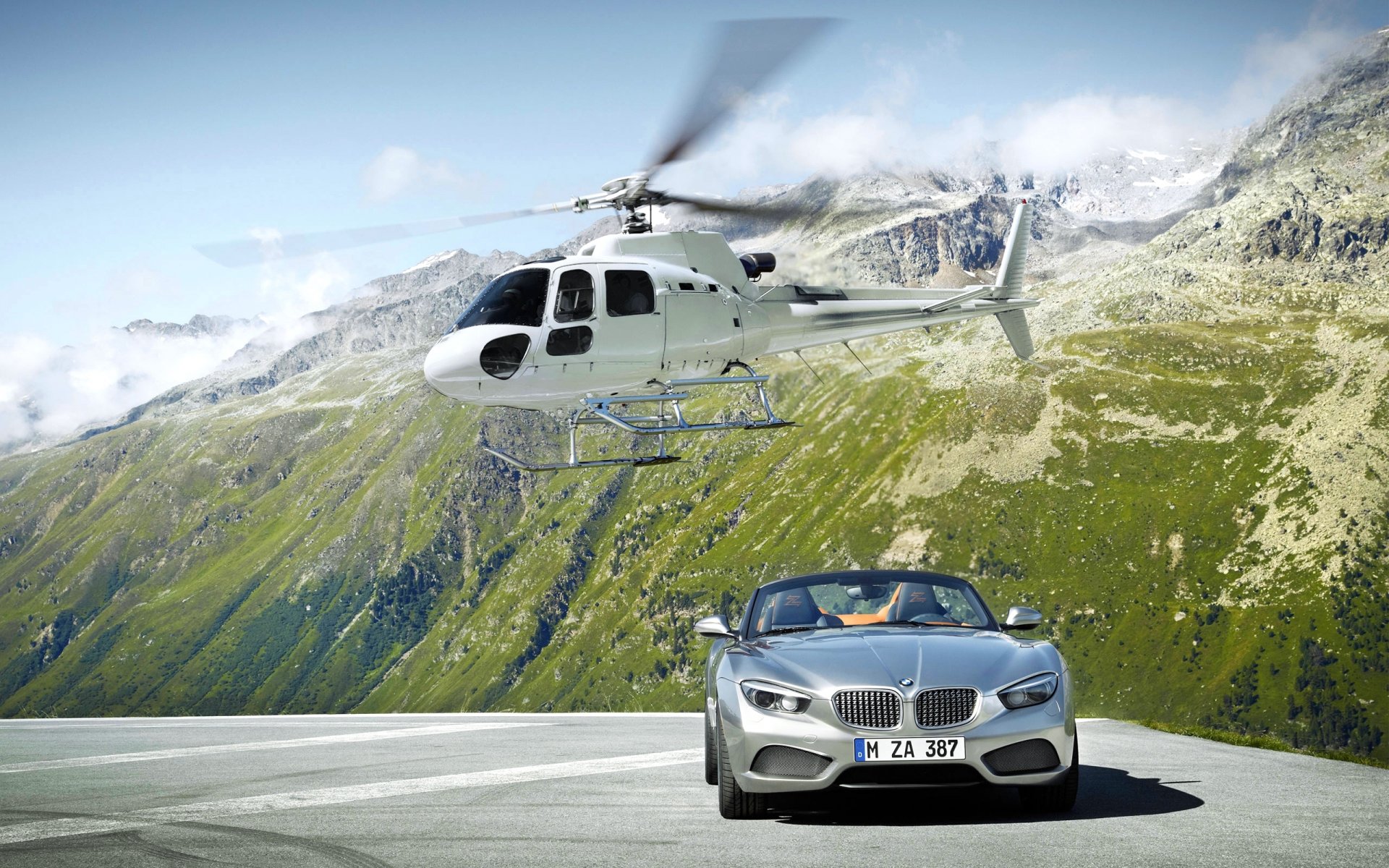 bmw zagato bmw hélicoptère cabriolet gris avant blanc montagnes roches