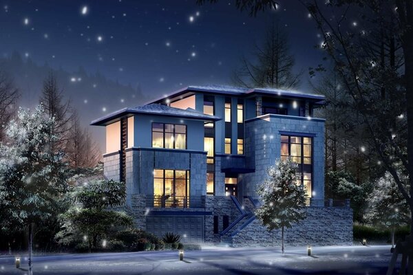 Maison avec lumière en hiver neigeux