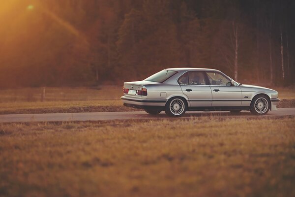 BMW argentée dans les reflets du coucher de soleil garée dans un champ