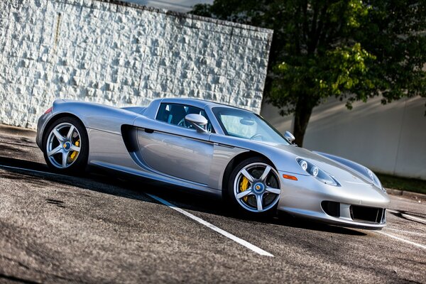 Silver Porsche Carrera GT on a wall background