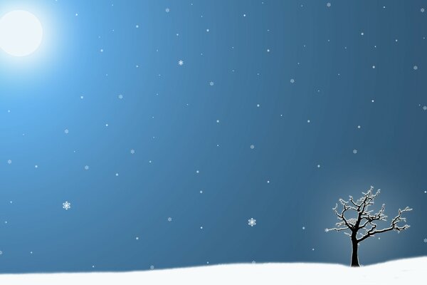 Arbre solitaire en hiver sur fond de ciel avec des flocons de neige qui tombent