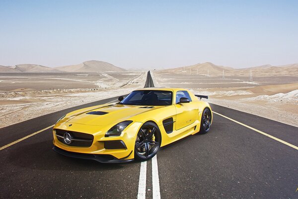 On the desert roads yellow merc