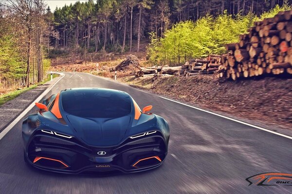 Coche deportivo en la carretera en el bosque