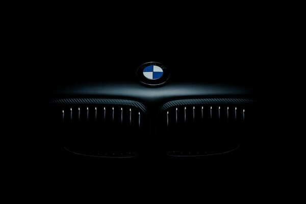 Значок BMW на чёрном фоне. Решетка радиатора в темноте