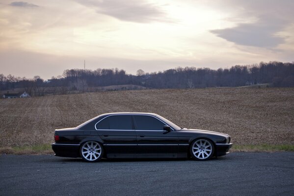 Black bmw. Beautiful photo of the car. Auto on the background of the field