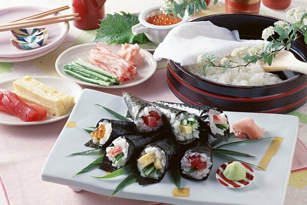 Japanese dishes, rice, tofu and rolls