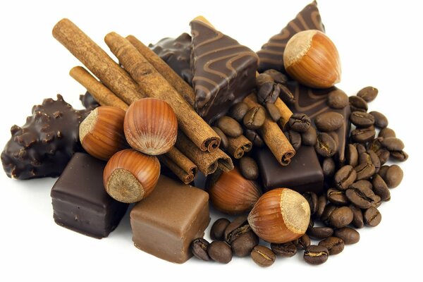 Chocolate dessert on a white background with coffee beans