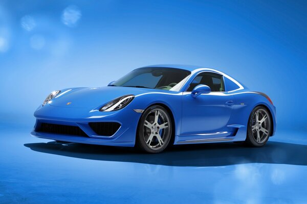 Porsche Cayman blu su sfondo blu