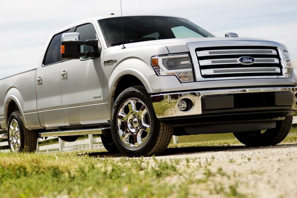 Grey Ford F150 pickup truck side view from the front