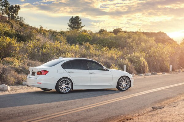 BMW blanc sur la route entre les collines