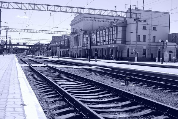 Railway station with rails in Ukraine