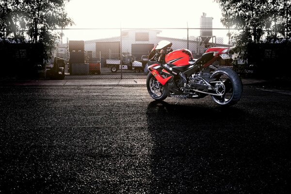 Motorcycle on wet asphalt