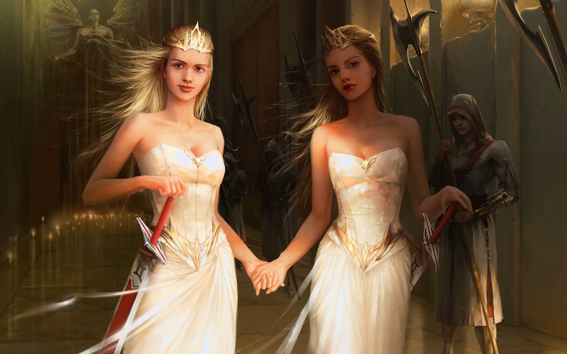 dresses crown statue girls candles sword