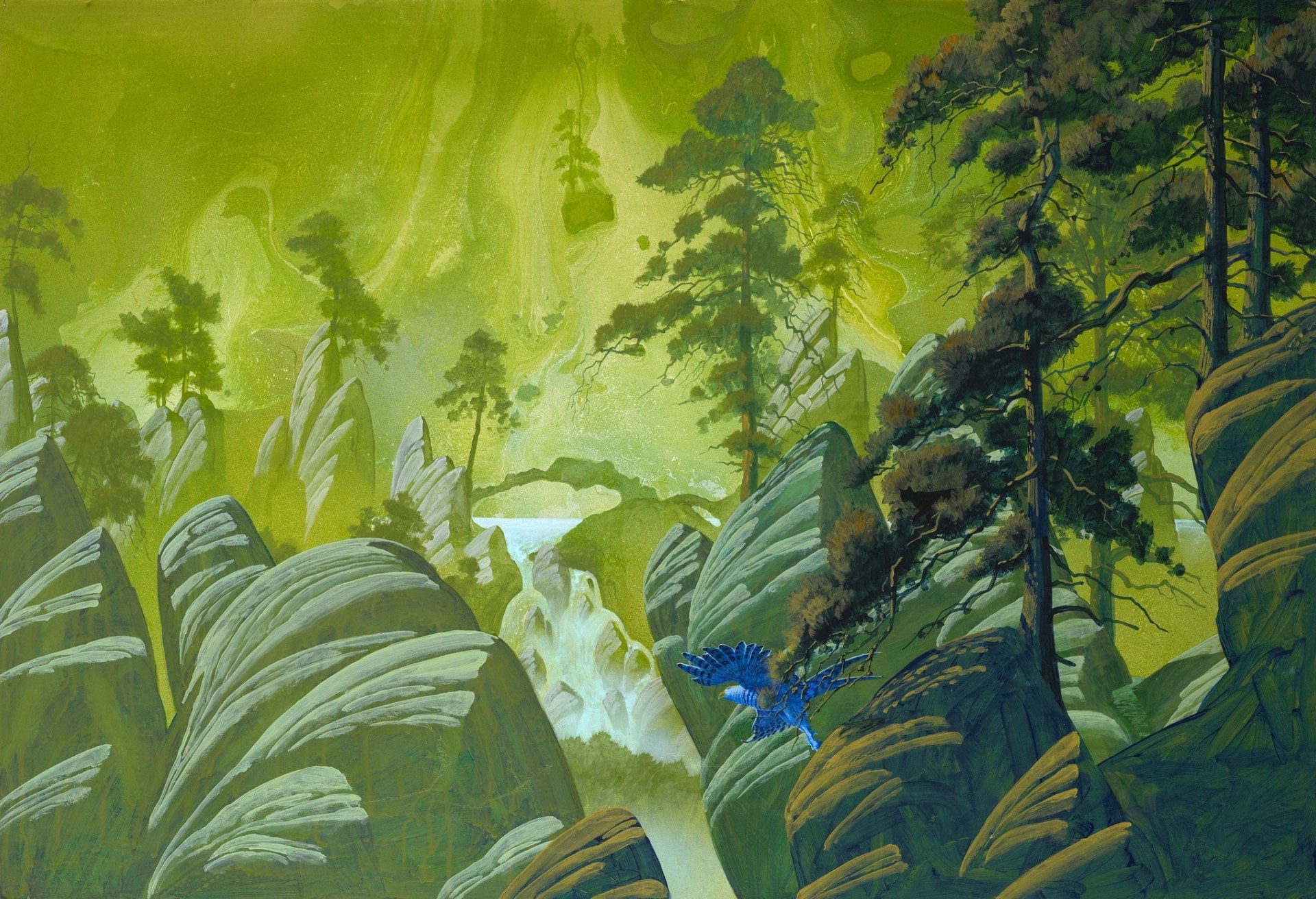 steine kunst wasserfall kiefern vögel bäume roger dean fiktion felsen