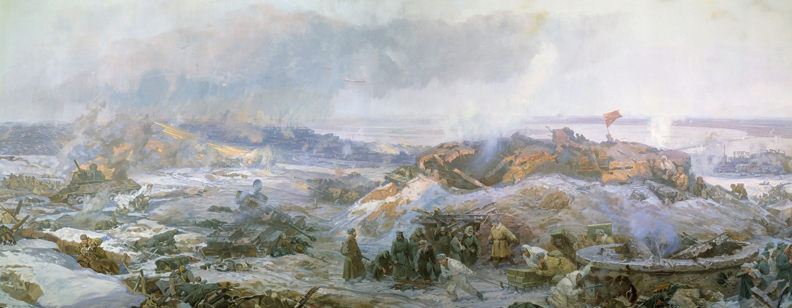 pittura soldati stalingrado fanteria fumo grande guerra patriottica rovine inverno