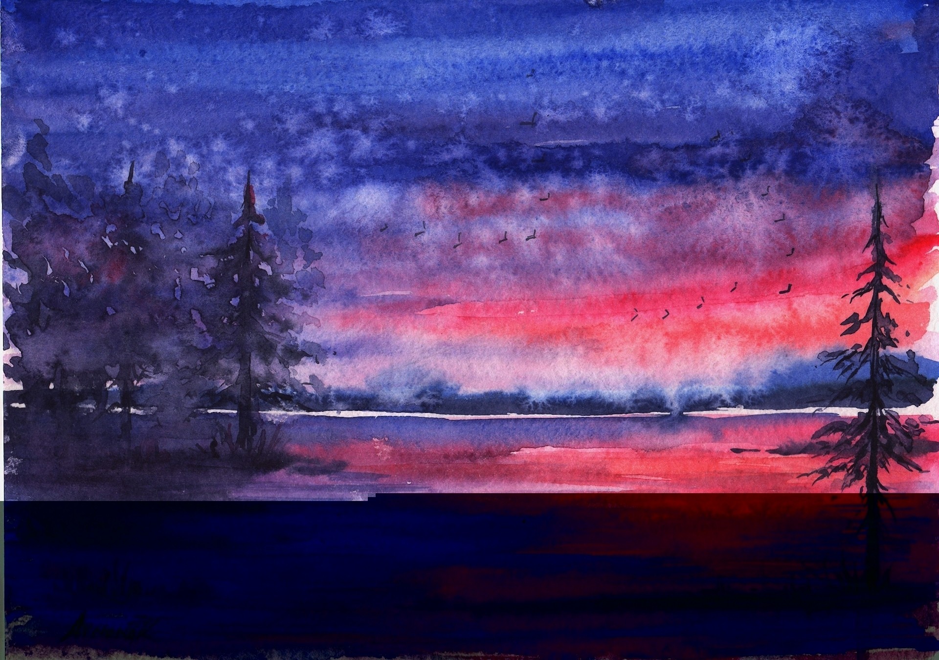 palmen gezeichnete landschaft sonnenuntergang wald nacht fluss aquarell vögel