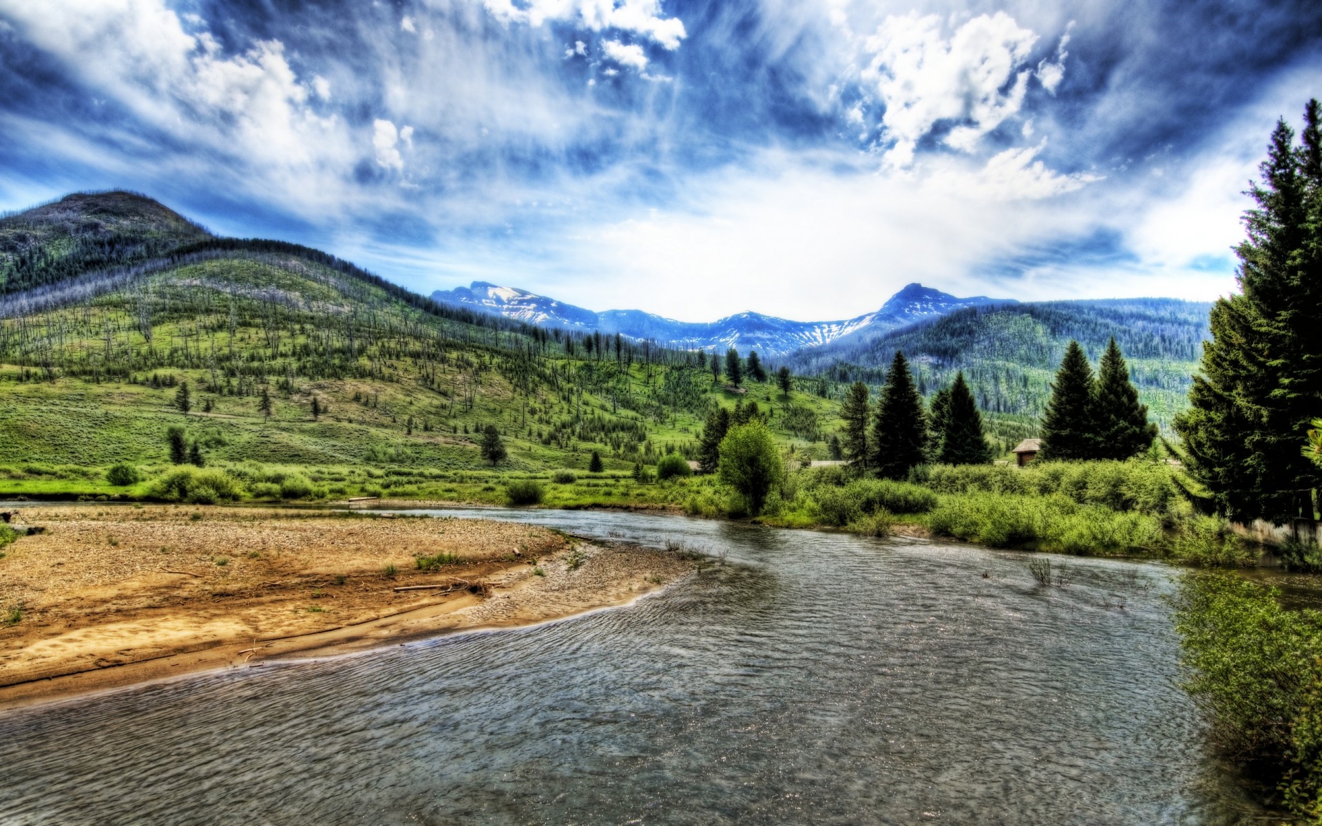 berge himmel fluss blüte