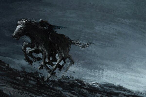 Dark rider with a black horse, black and gray fantasy image