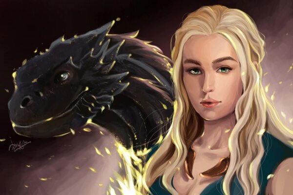 Dragon et fille blonde aux yeux verts
