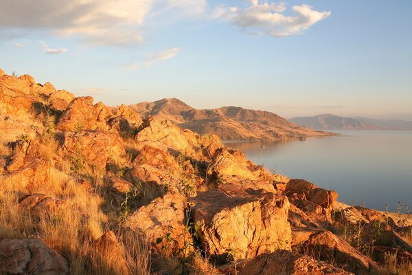 Wonderful mountain lake at sunset